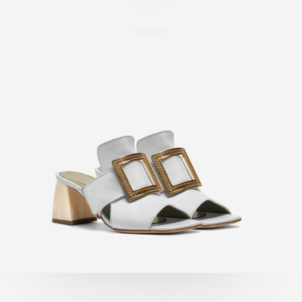 White Buckle Block Heel Sandals